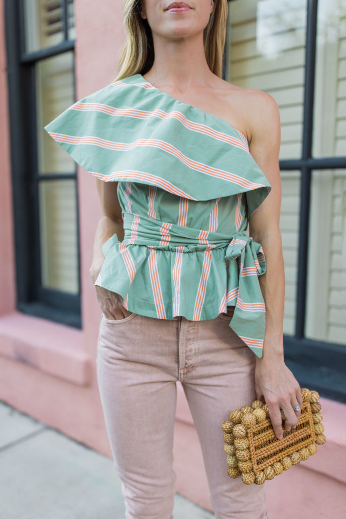 summer date night outfit with dressy top and jeans