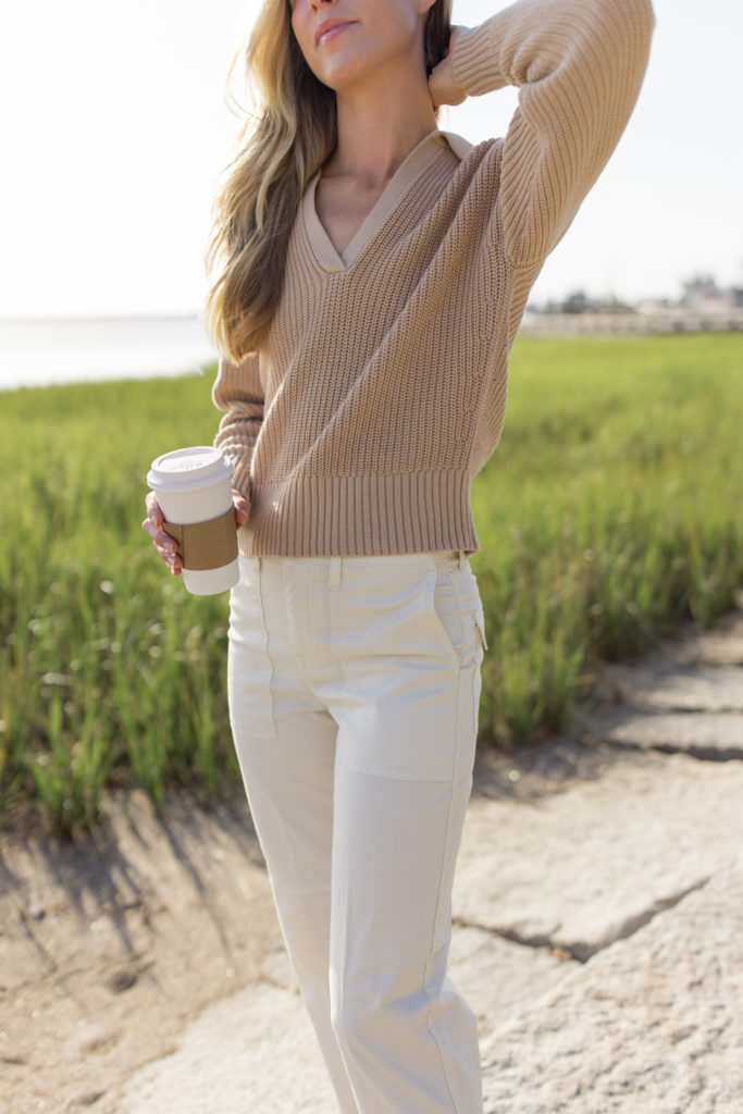 lightweight sweaters for fall — collared beige sweater with chino pants