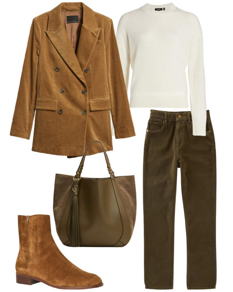 blazer and jeans outfit with suede blazer cream crewneck olive pants chelsea boots