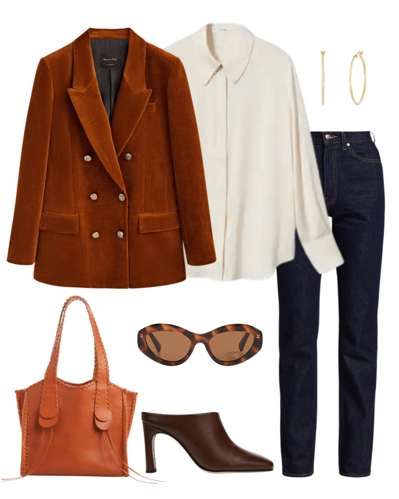 blazer and jeans outfit with corduroy blazer off white top jeans chocolate mules