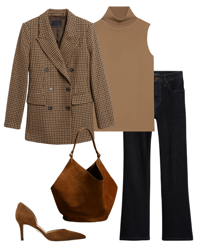 blazer and jeans outfit with herringbone blazer camel turtleneck jeans pumps