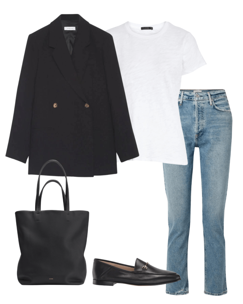 blazer and jeans outfit with black blazer white tee jeans black loafers