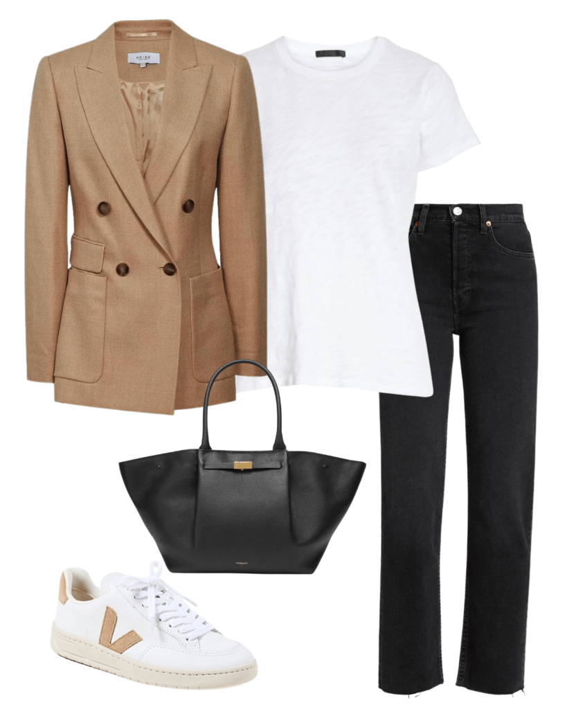 blazer and jeans outfit with camel blazer white tee black jeans vejo sneakers