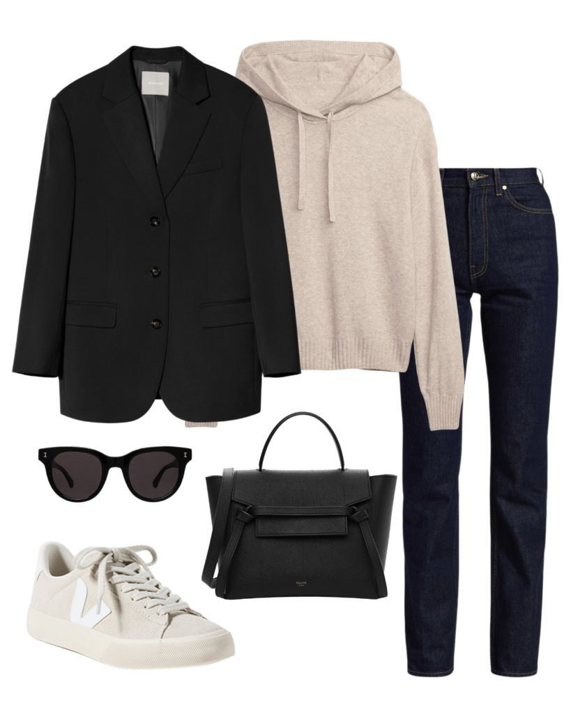 blazer and jeans outfit with black blazer beige hoodie jeans veto sneakers