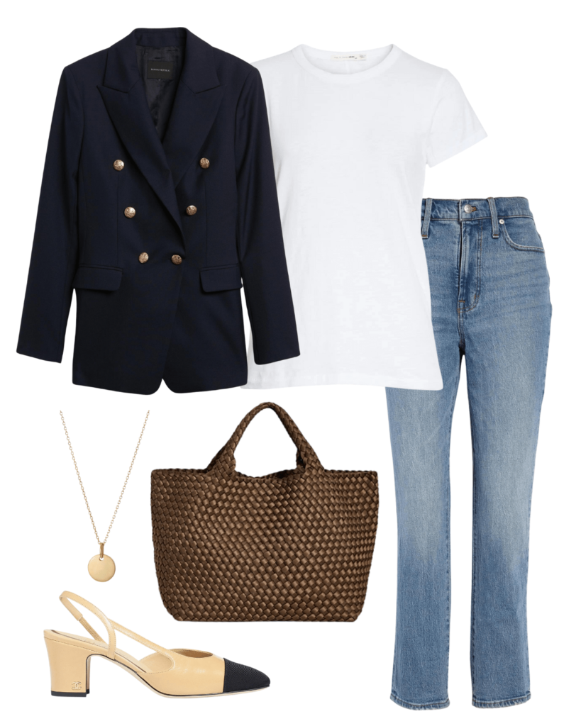 blazer and jeans outfit with navy blazer white tee jeans Chanel heels