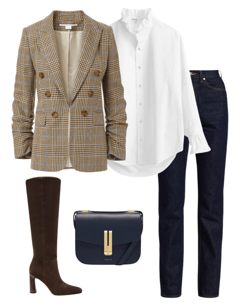 blazer and jeans outfit with plaid blazer white blouse jeans boots