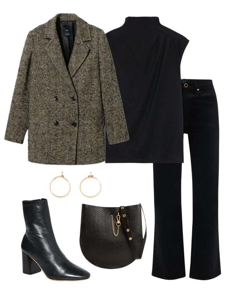 blazer and jeans outfit with wool blazer black turtleneck black jeans black ankle boots