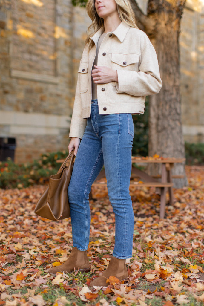 natalie yerger wearing sezane crop shirt jacket with MOTHER jeans and chelsea boots