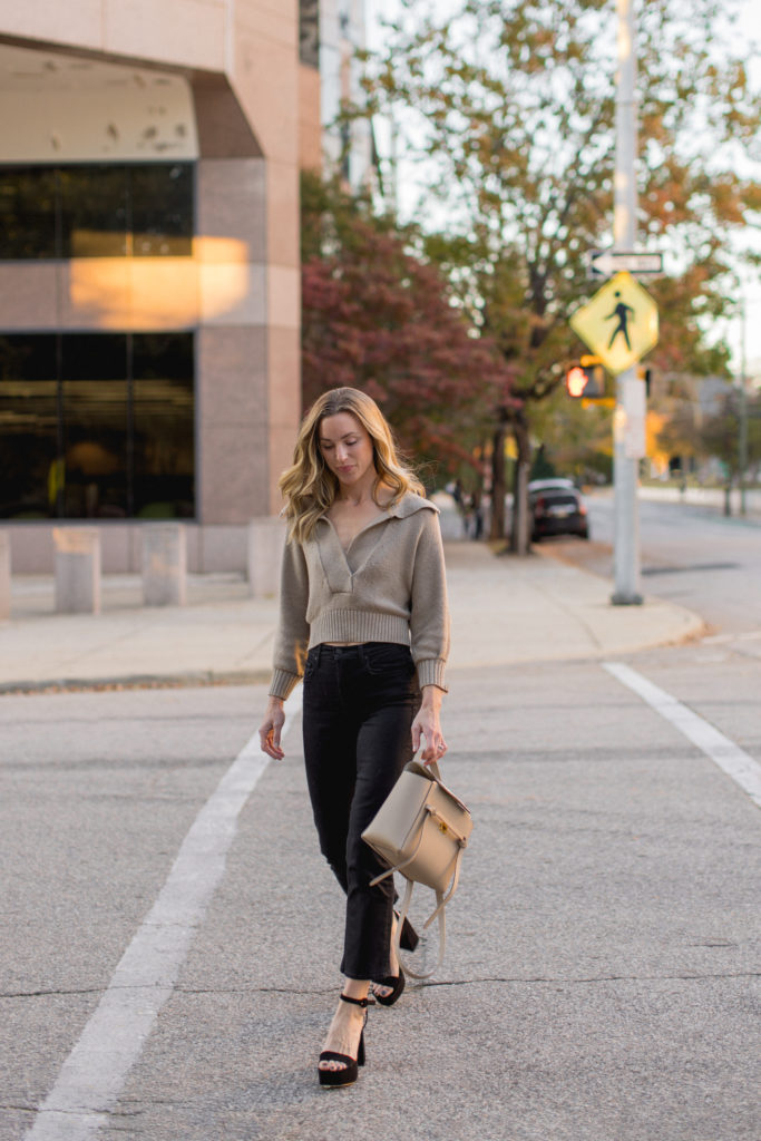 Natalie Yerger wearing Brochu Walker sweater MOTHER jeans Larroude platform heels Celine Micro Belt Bag