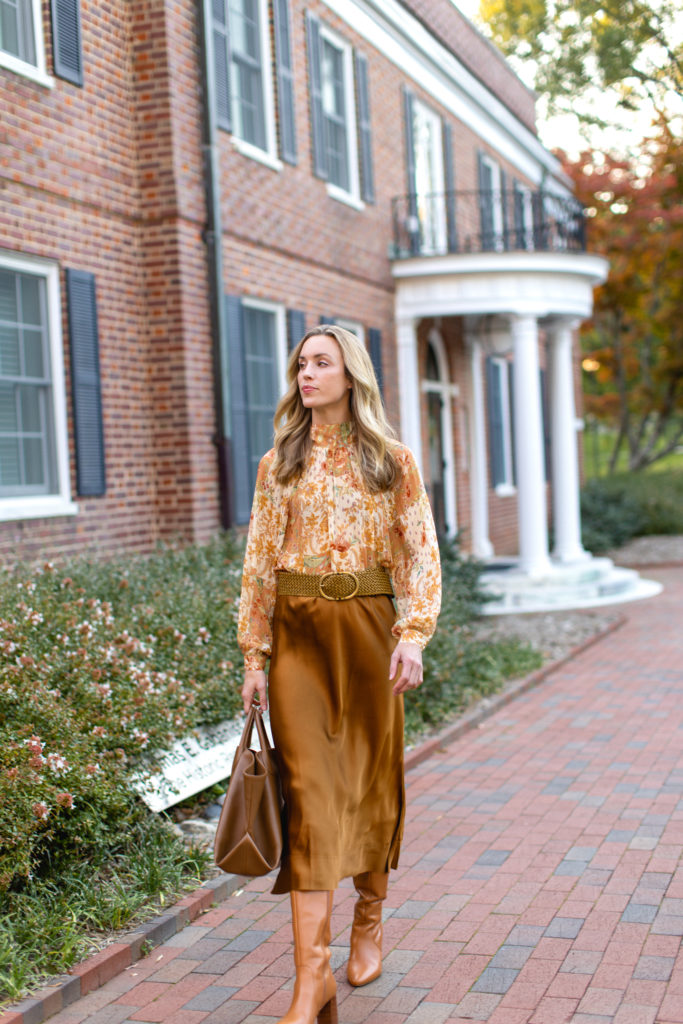 fall silk skirt with blouse and boots