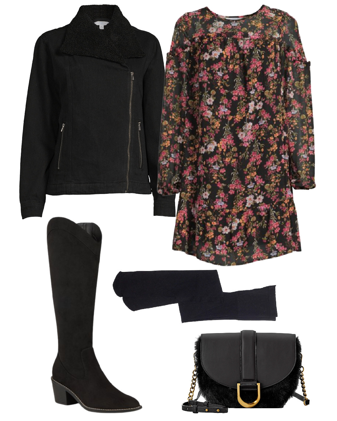 Walmart dressy winter outfit with floral dress and western boots natalie yerger