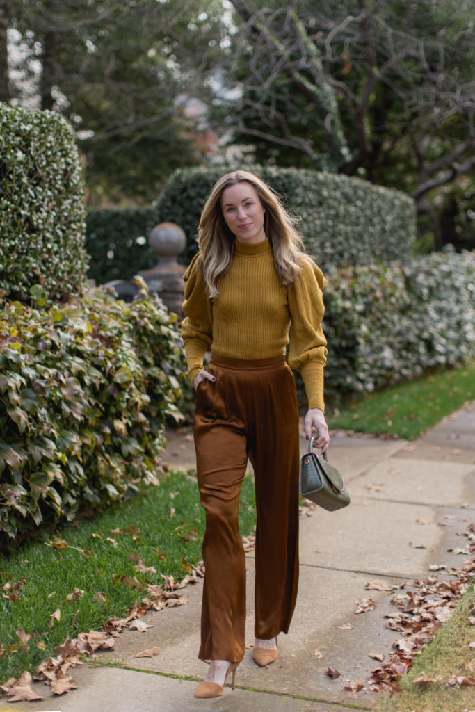 natalie yerger wearing ulla johnson earth tone sweater with cuyana silk hazelnut pants and brown ann taylor pumps