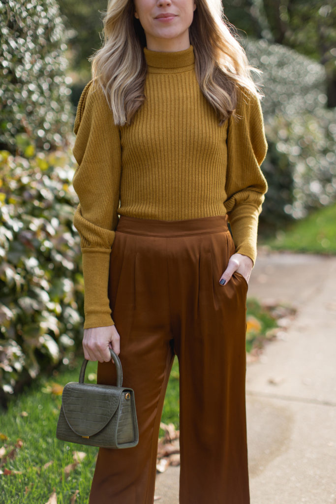 earth tone outfit idea with golden sweater and brown pants