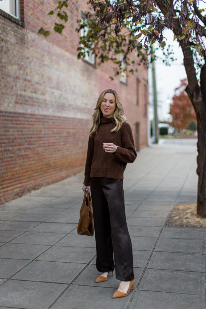 natalie yerger wearing fall and winter textures with rag and bone pierce sweater vince brown satin pants ann taylor azra pumps and khaite amelia tote