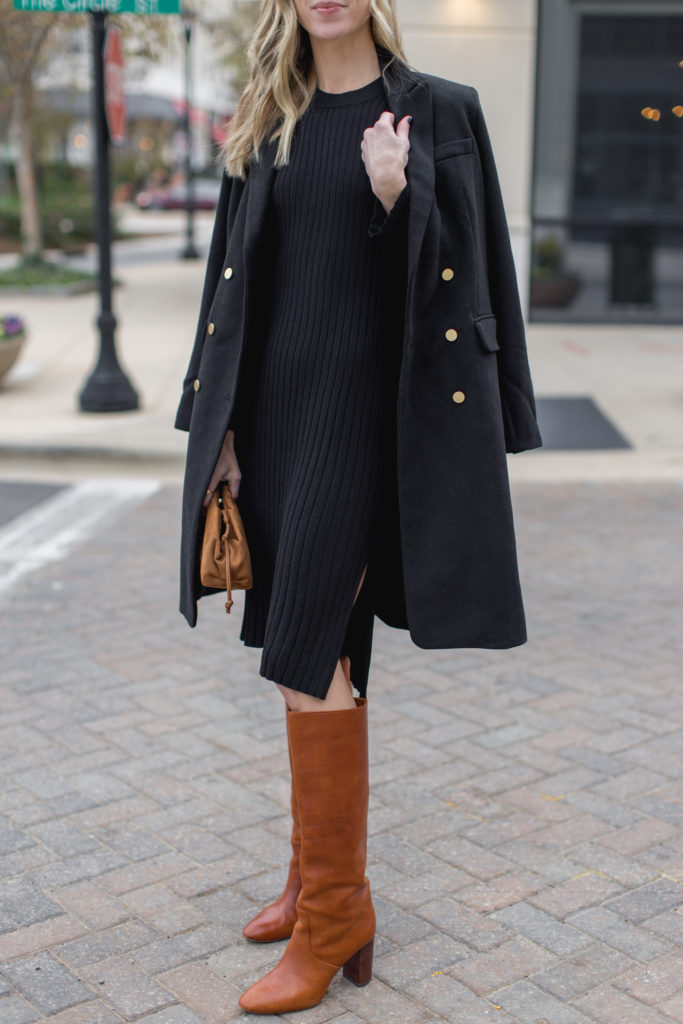 natalie yerger wearing walmart black wool coat with black sweater dress and boots
