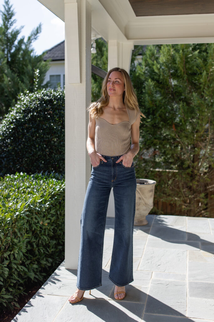 wide leg jeans outfit idea with bodysuit, wide leg jeans, and heels