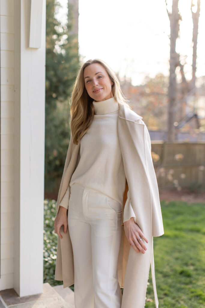 Winter White Pants with White Coat, White Turtleneck, and Pumps