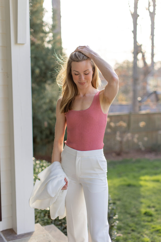 Winter White Pants Outfit with a Pink Tank, Crepe White Blazer, and Heeled Sandals