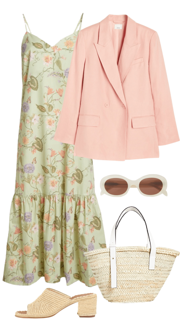 linen blazer outfit with floral dress and sandals