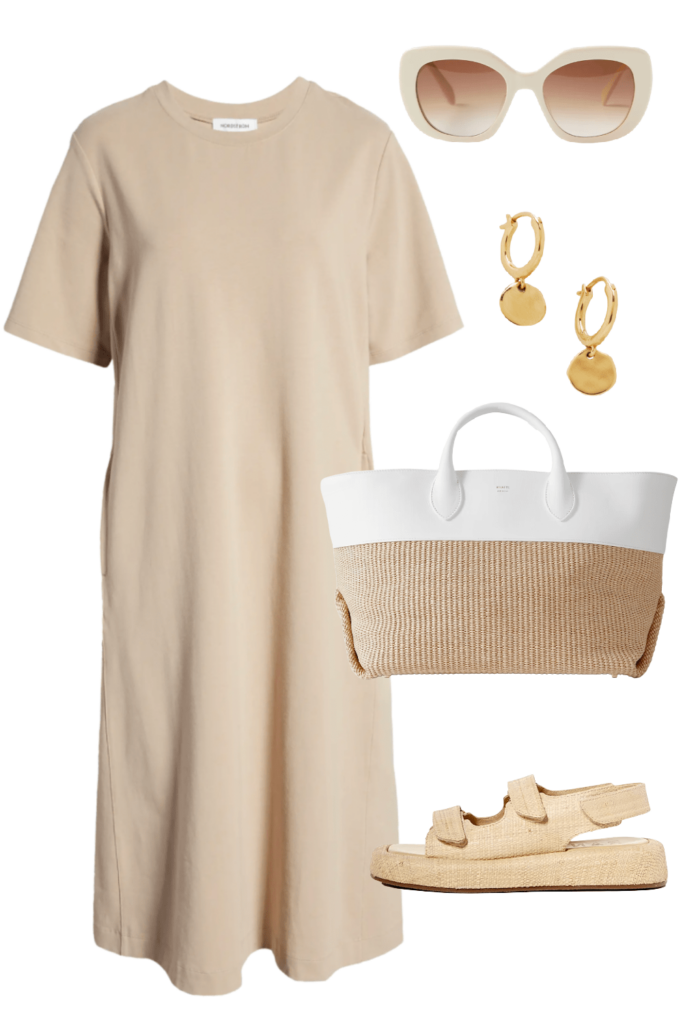 casual spring outfit with t-shirt dress and dad sandals