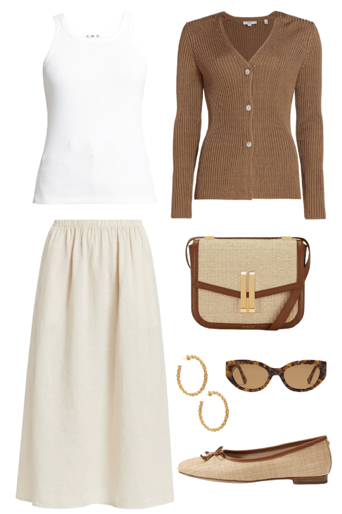 casual spring look with a linen skirt and white tank top