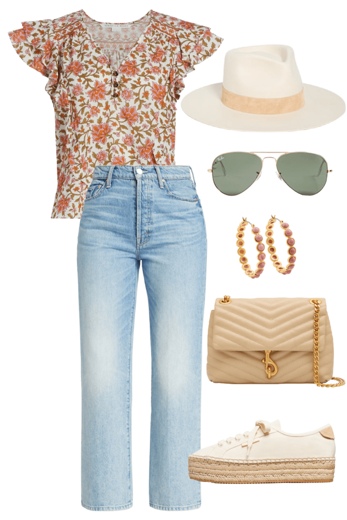 casual spring look with a floral top and blue jeans