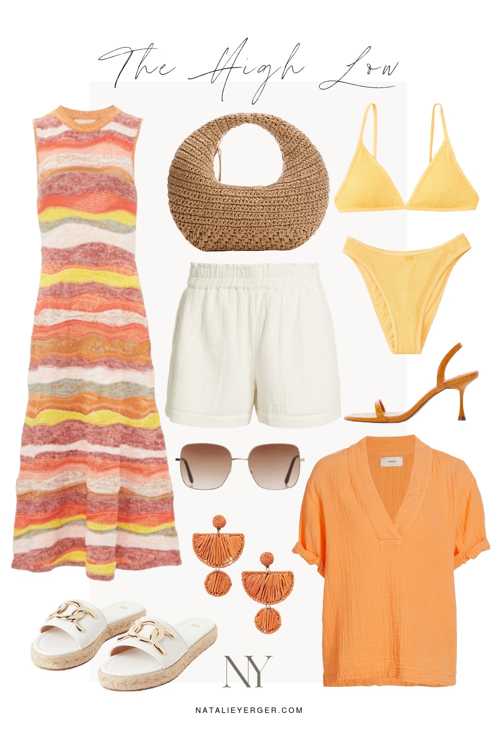Sunset Inspired Outfit | Ulla Johnson Gaia Wavy Knit Maxi Dress with Abercrombie Swimsuit and Summer Accessories