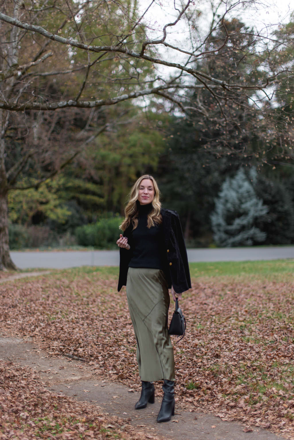 Satin Maxi Skirt with a Sweater and a Blazer