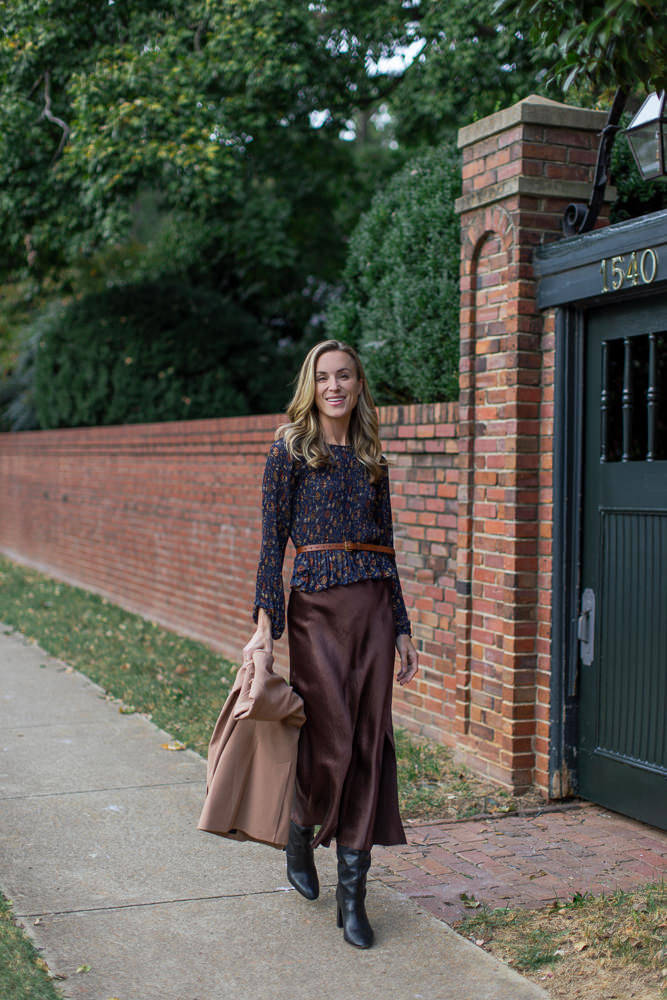 Fall Satin Skirt Outfit with a Blazer
